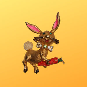 MYLU Vintage Gold Tone Jeweled Rabbit Holding Carrot Brooch - Signed 2 Inches